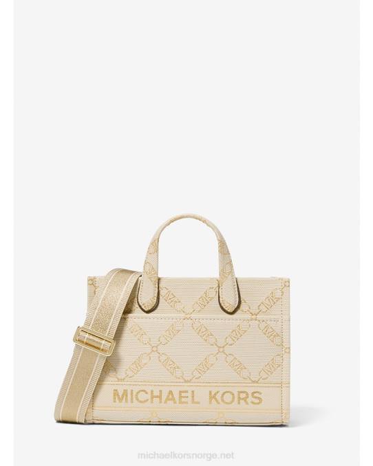 Michael Kors gigi liten metallisk empire logo jacquard messenger bag kvinner LDNL853 blekt gull/naturlig