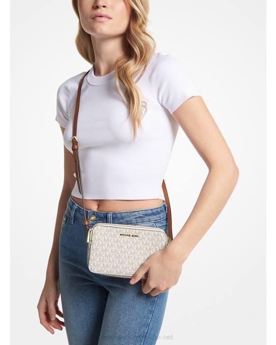 Michael Kors jetset liten logo dobbel glidelås kameraveske kvinner LDNL713 vanilje/eikenøtter