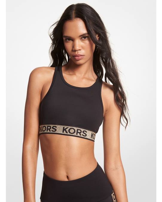 Michael Kors logo tape stretch nylon sports-bh kvinner LDNL437 svart gull