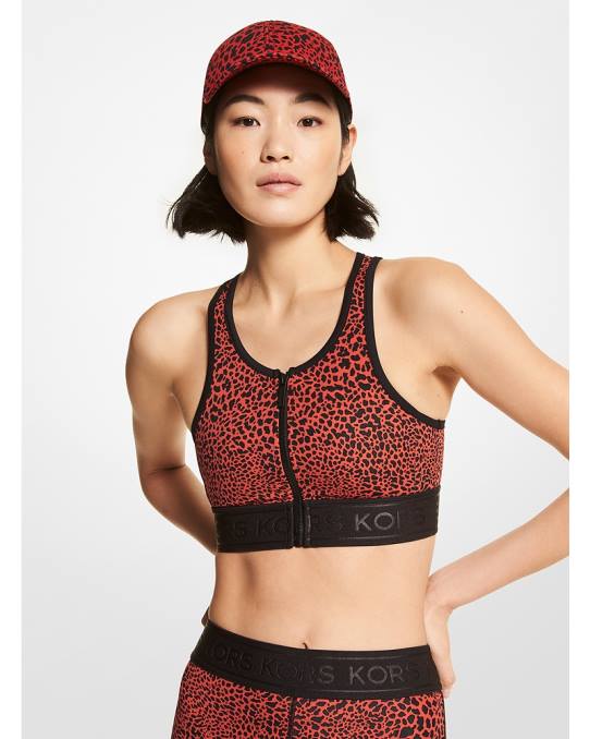 Michael Kors sports-bh i nylonblanding med grafisk dyreprint med glidelås foran kvinner LDNL451 Høyrød