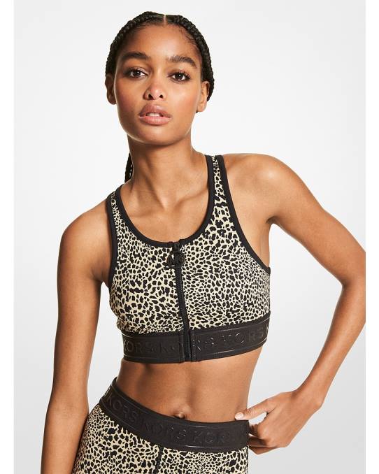 Michael Kors sports-bh i nylonblanding med grafisk dyreprint med glidelås foran kvinner LDNL453 kaki