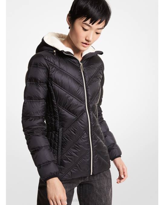 Michael Kors fuskepelsfôret vattert nylon pakkebar pufferjakke kvinner LDNL350 svart