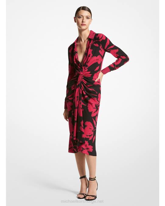 Michael Kors kolleksjon penselstrøk floral silke crepe de chine stupe skjortekjole unisex LDNL3516 fuschia/svart