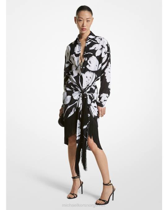 Michael Kors samling penselstrøk floral silke crepe de chine frynset sarong skjørt unisex LDNL3415 hvit svart