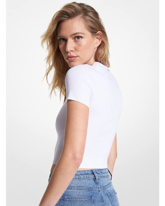Michael Kors ribbet t-skjorte i viskoseavkortet stretch kvinner LDNL478 hvit