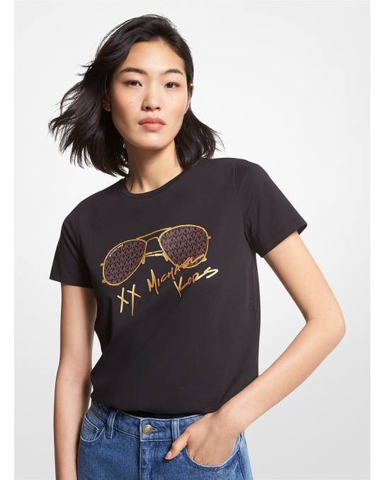 Michael Kors t-skjorte i økologisk bomull med logo aviator-trykk kvinner LDNL391 svart