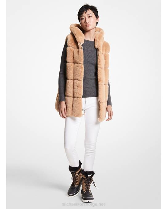 Michael Kors vattert hettevest i fuskepels kvinner LDNL249 kamel