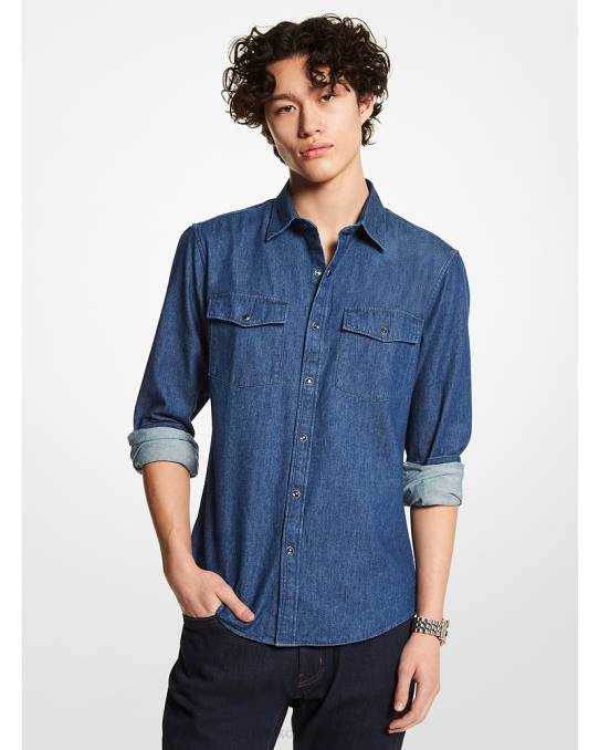 Michael Kors stretch denim slim-fit skjorte menn LDNL3136 mannskap blå