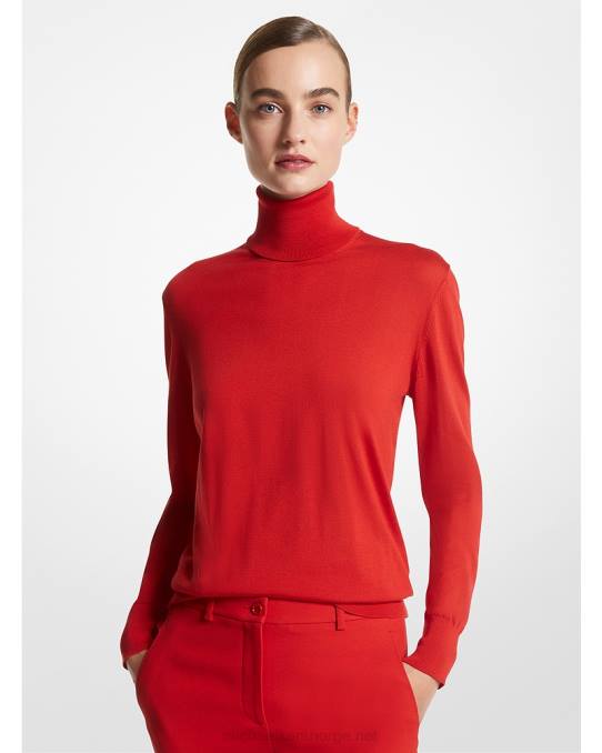 Michael Kors kolleksjon joan fjærvekt silke turtleneck genser unisex LDNL3524 valmue