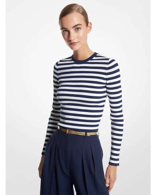 Michael Kors kolleksjon stripete ribbestrikket viskosegenser unisex LDNL3575 marine/hvit